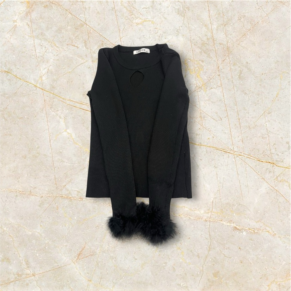 Chic Black Sweater with Fur Cuffs